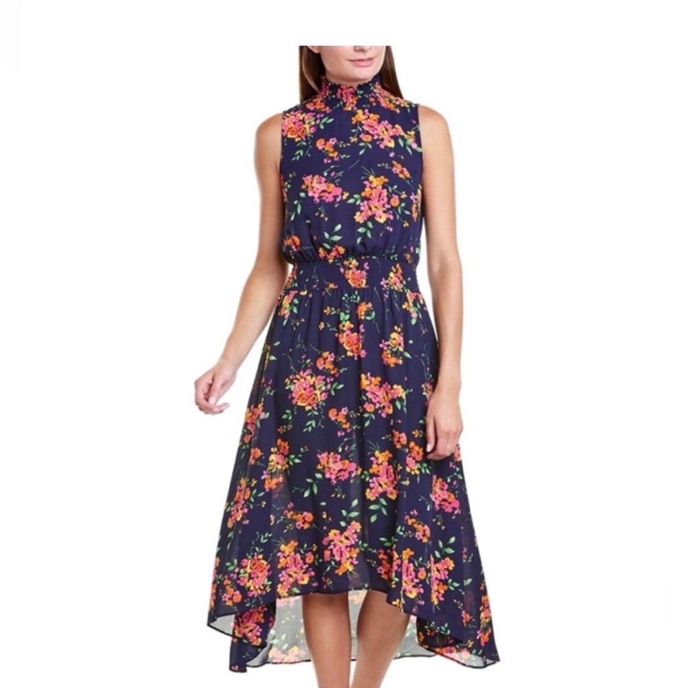 Nanette Lepore Navy Floral Print Sleeveless‎ Midi Dress Size 2